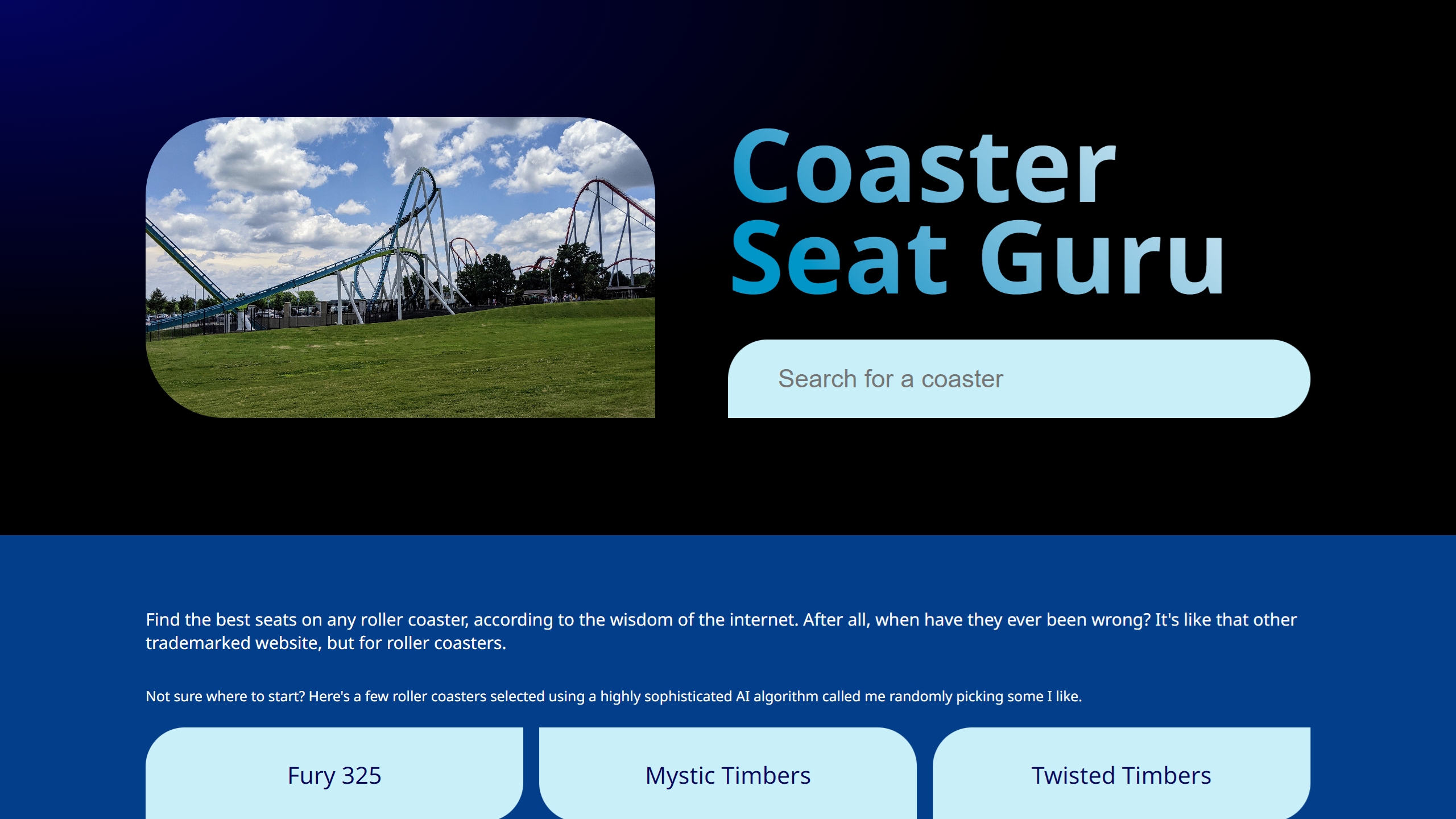 The home page of Coaster Seat Guru